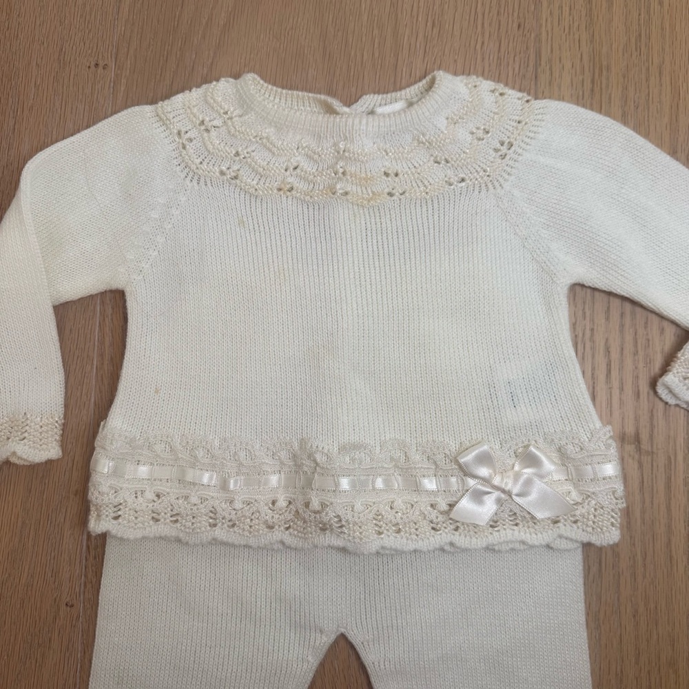 Cream Knit Baby Sweater Set with Lace & Bow